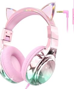 QearFun Kids Cat Ear Headphones with Cord with Mic, 85/94dB Volume Limit